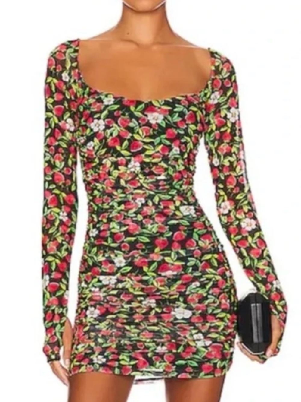AFRM Leona Black Mesh Mini Dress w/ Cute Red Strawberry Print, Stretch Ruched XS